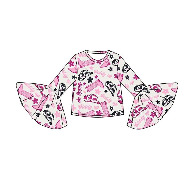 (Custom Design Preorder MOQ 5) Boots Hat Flowers Print Girls Western Tee Shirts Top