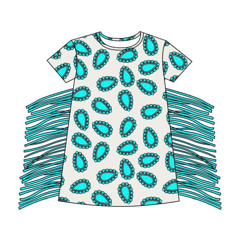 (Custom Design Preorder MOQ 5) Turquoise Print Girls Tassel Western Knee Length Dress