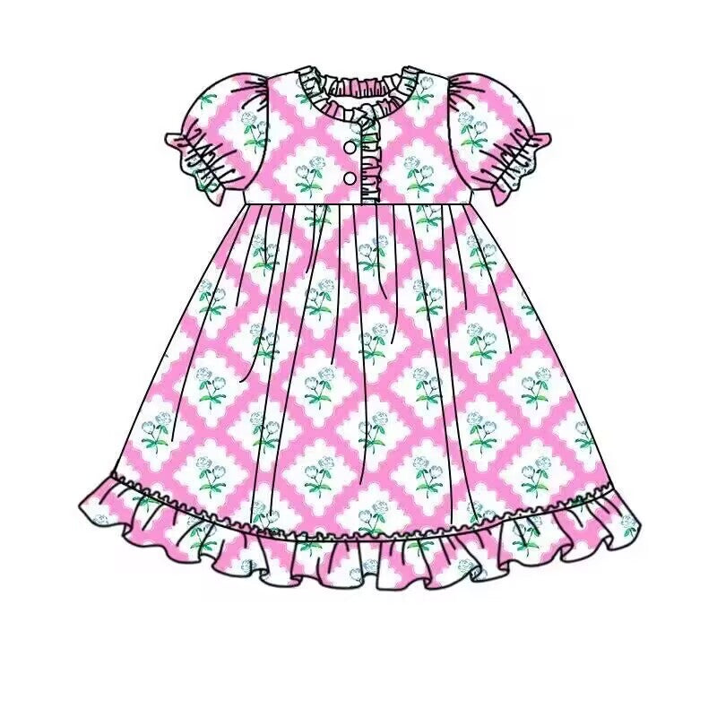 (Custom Design Preorder MOQ 5) Flowers Print Girls Summer Knee Length Pajamas Dress