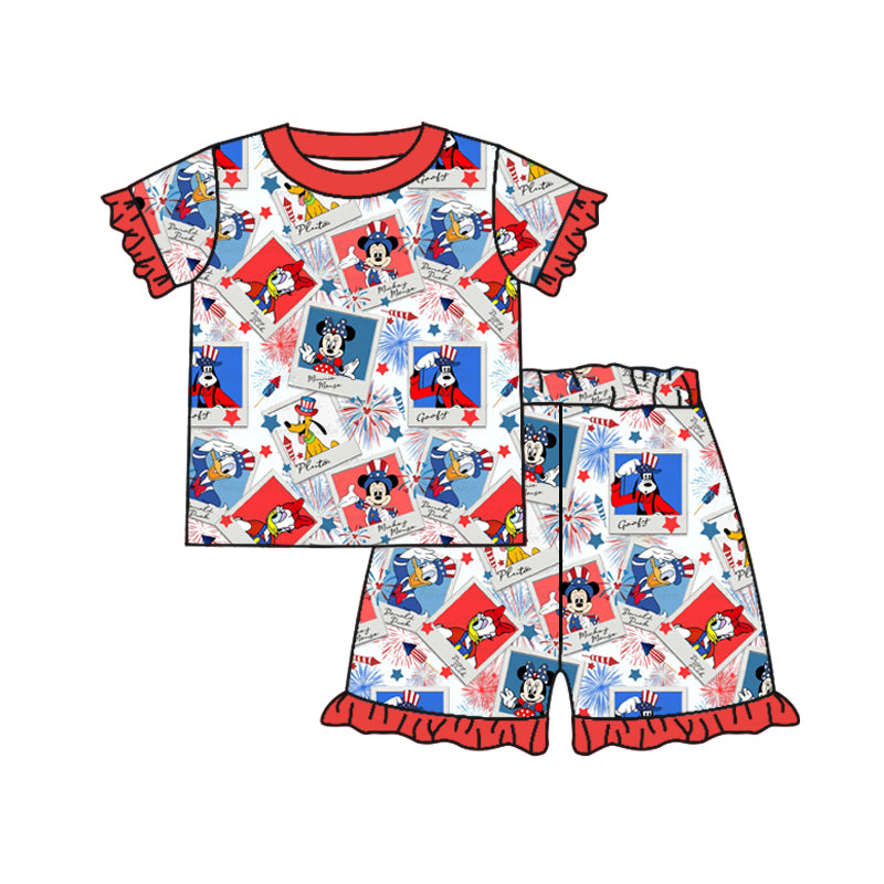 (Custom Design Preorder MOQ 5) Cartoon Mouse Fireworks Print Shorts Girls 4th of July Pajamas Clothes Set