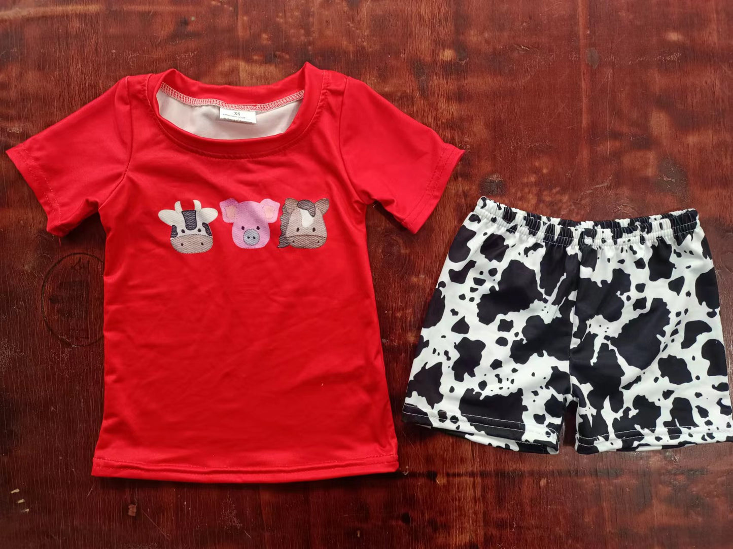 (Custom Design Preorder MOQ 5) Animals Red Top Cow Shorts Boys Summer Clothes Set