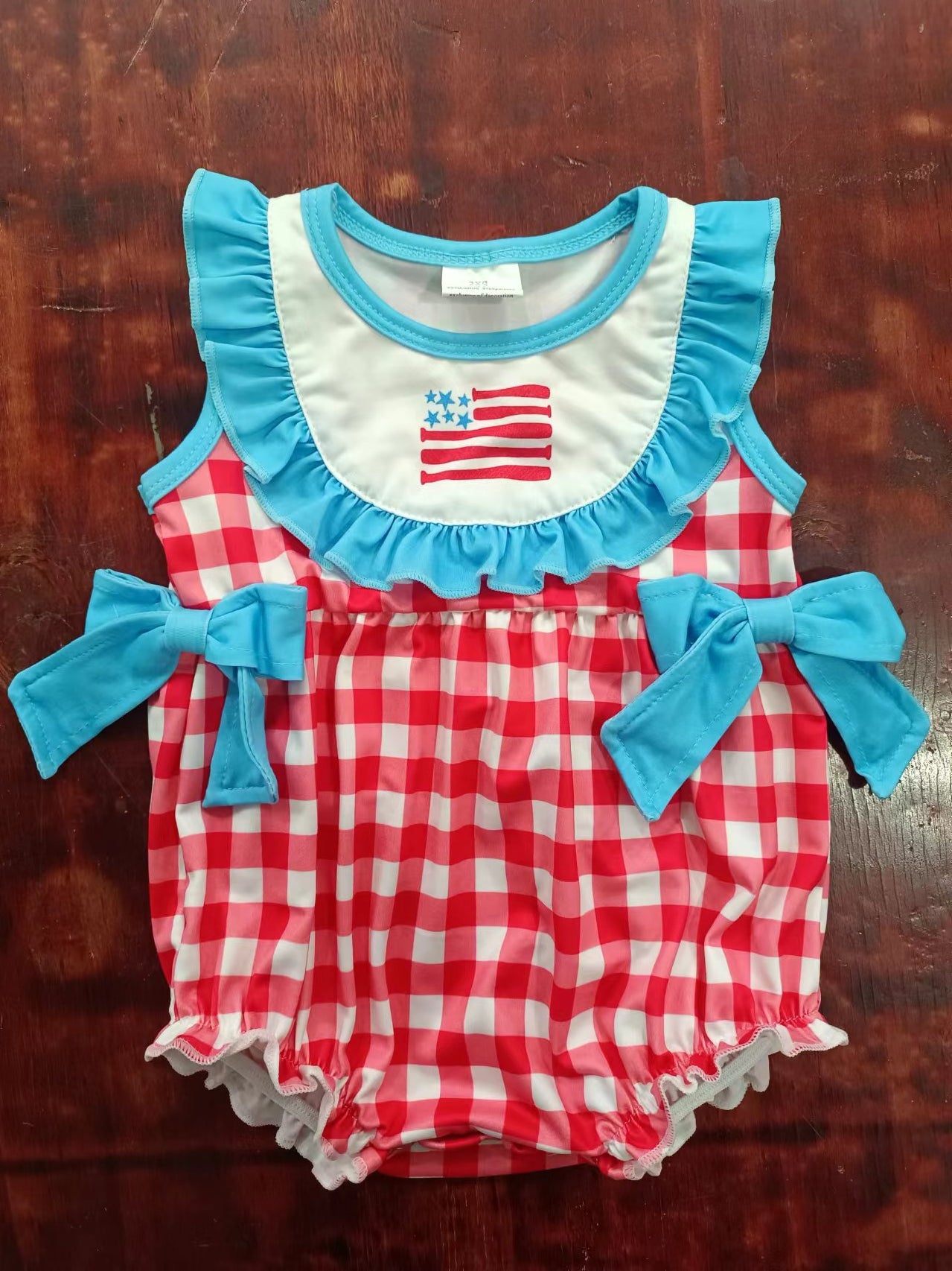 (Custom Design Preorder MOQ 5) Flags Red Plaid Print Baby Girls 4th of July Romper