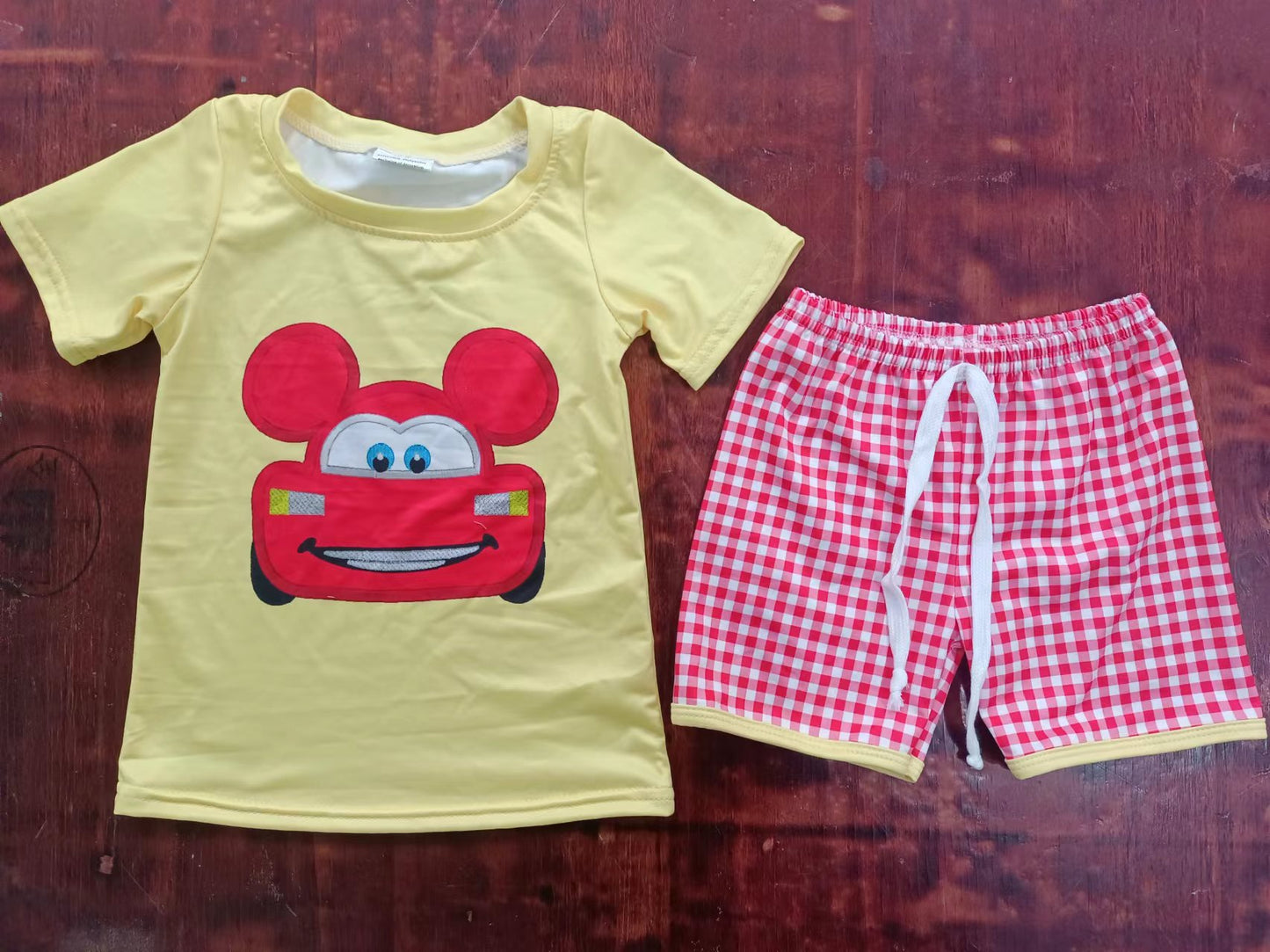 (Custom Design Preorder MOQ 5) Cartoon Car Print Boys Summer Clothes Set