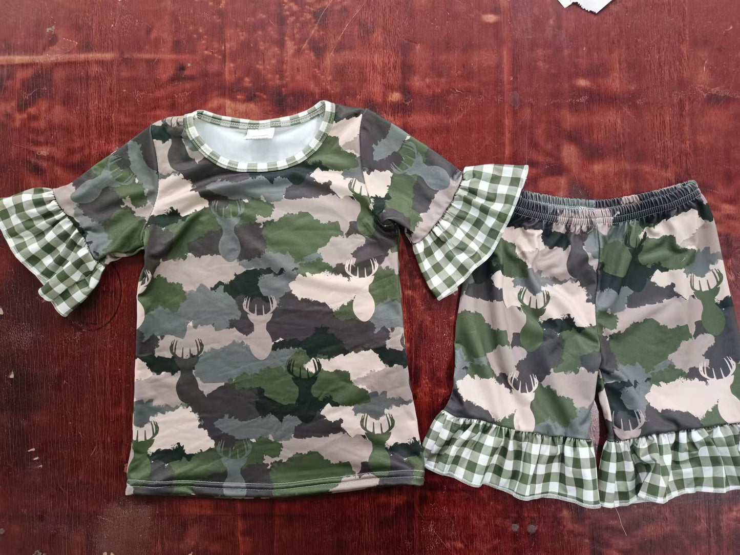 (Custom Design Preorder MOQ 5) Camo Deer Print Girls Summer Pajamas Clothes Set