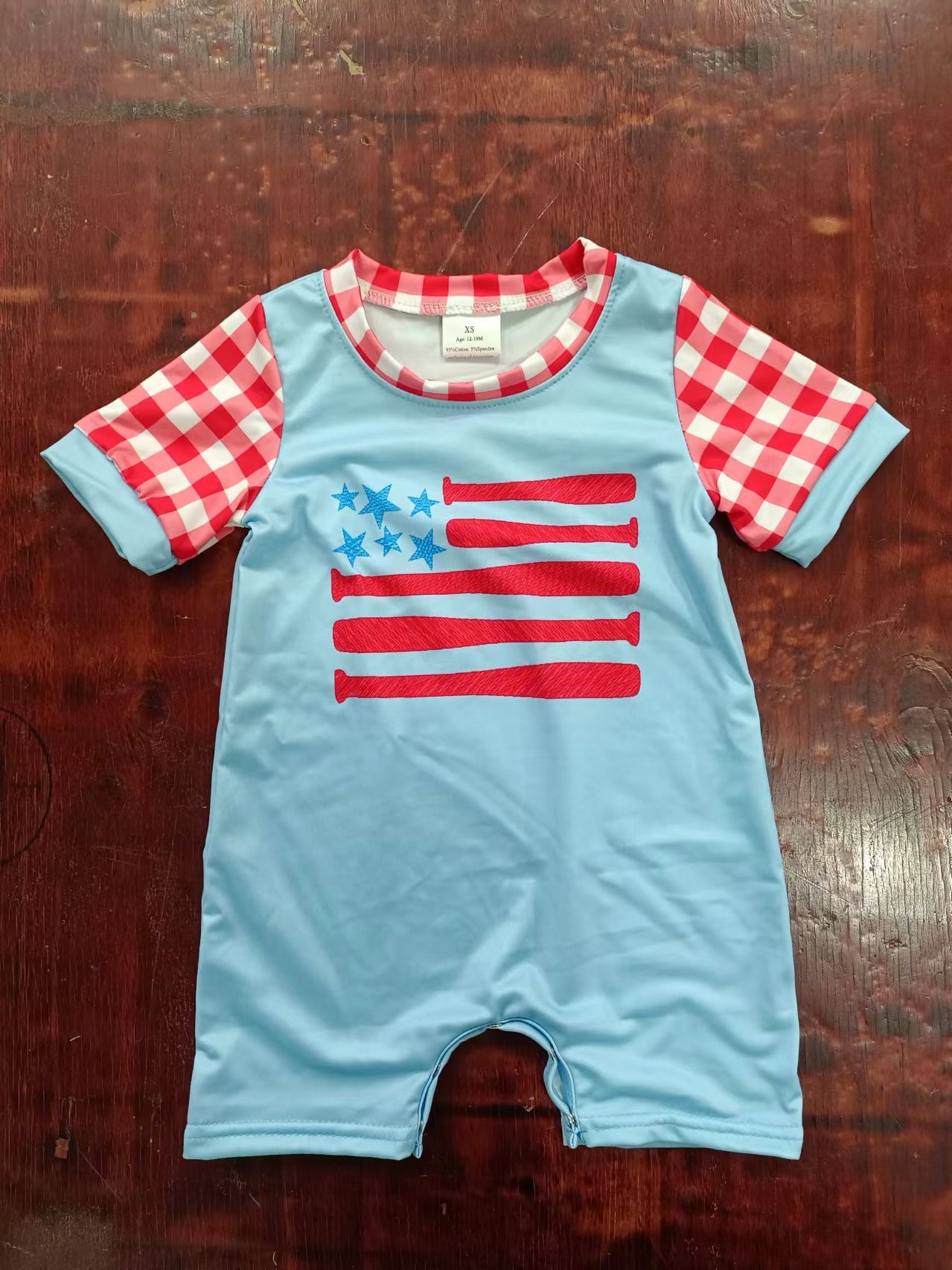 (Custom Design Preorder MOQ 5) Flags Red Plaid Print Baby Boys 4th of July Romper