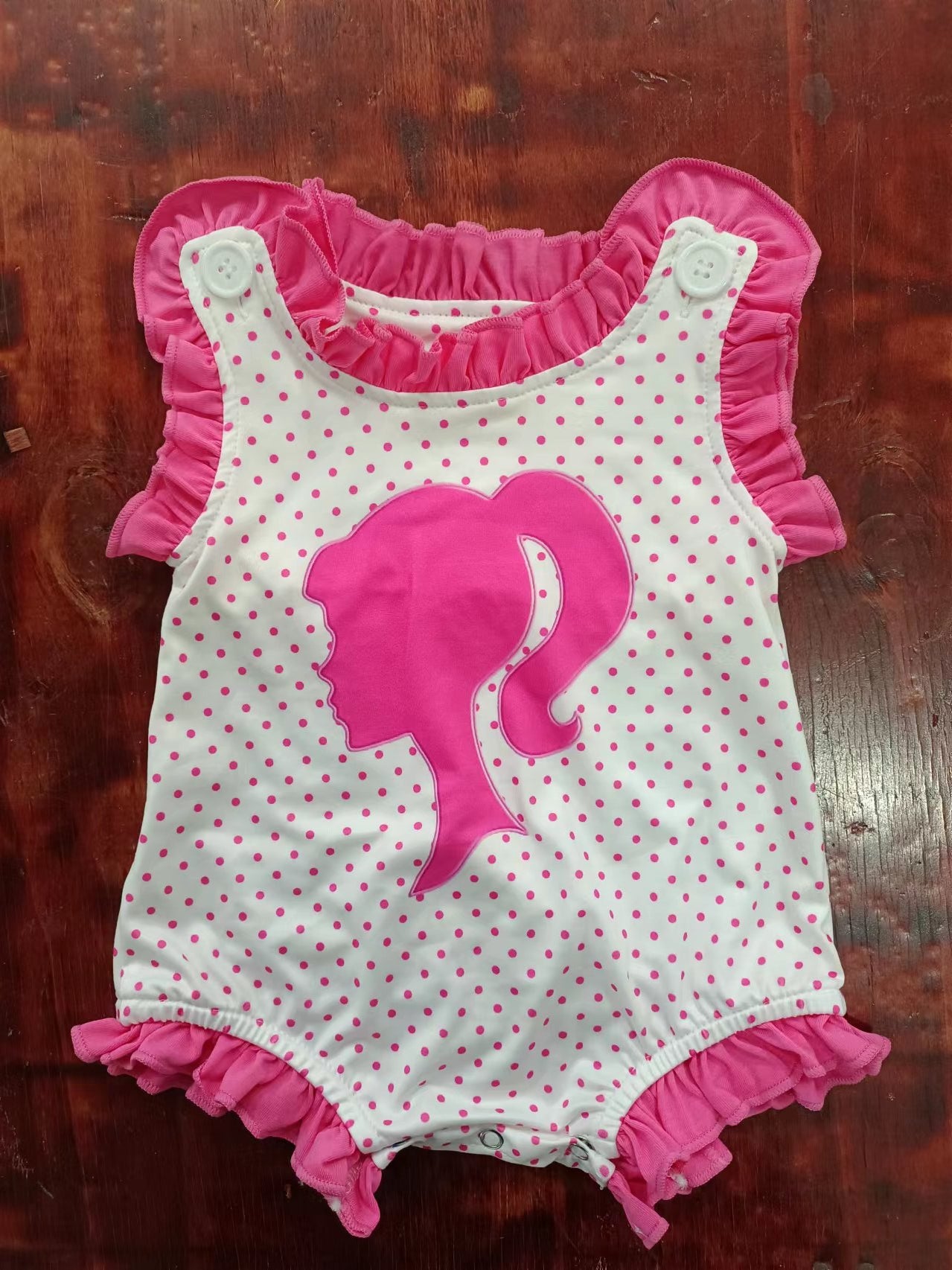 (Custom Design Preorder MOQ 5) Pink BA Dots Print Baby Girls Summer Button Romper