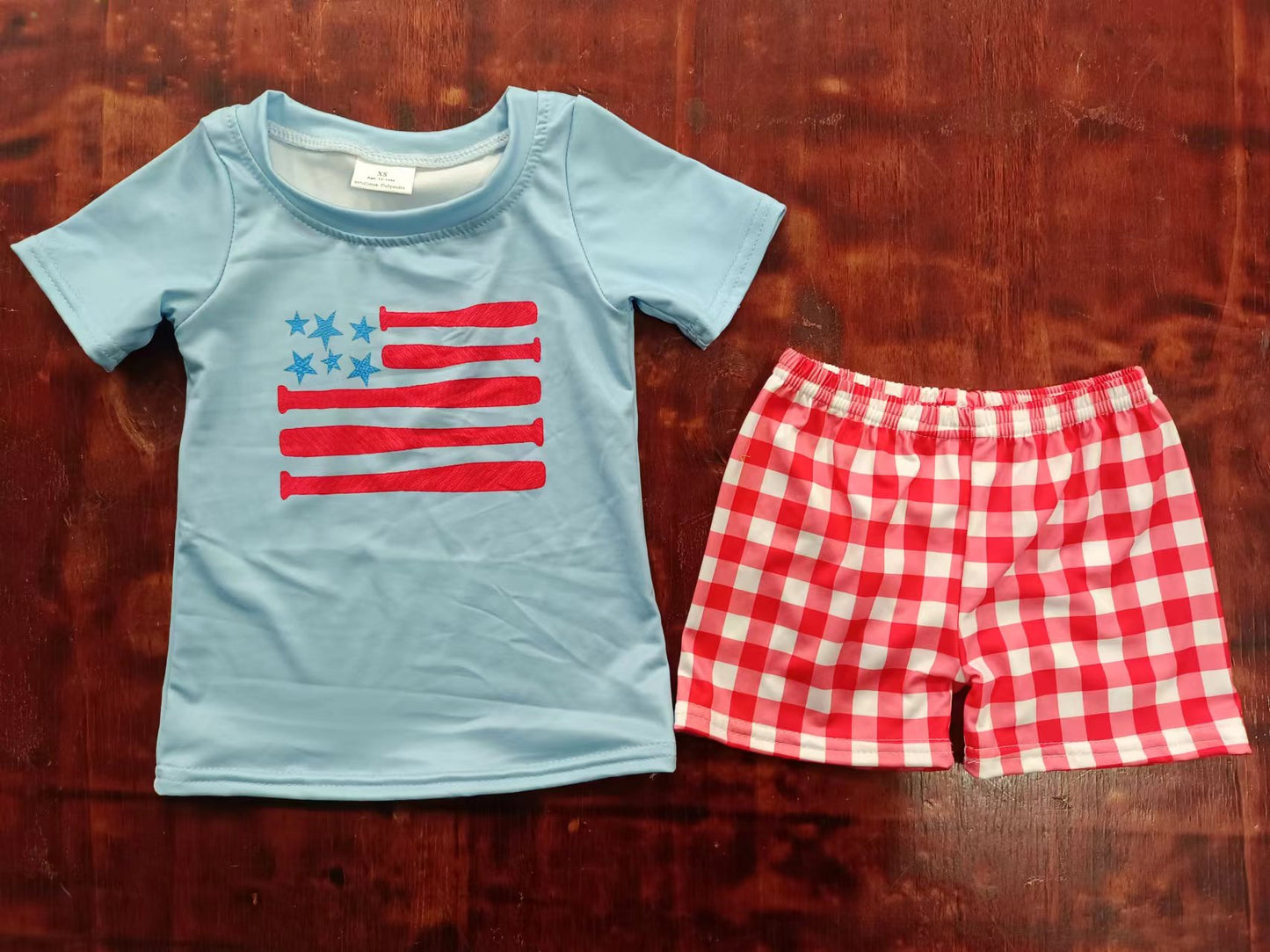 (Custom Design Preorder MOQ 5) Flags Red Plaid Print Boys 4th of July Clothes Set