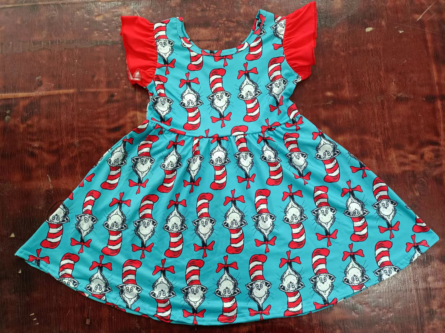 (Custom Design Preorder MOQ 5) Blue Dr.Reading Cat Print Girls Knee Length Summer Dress