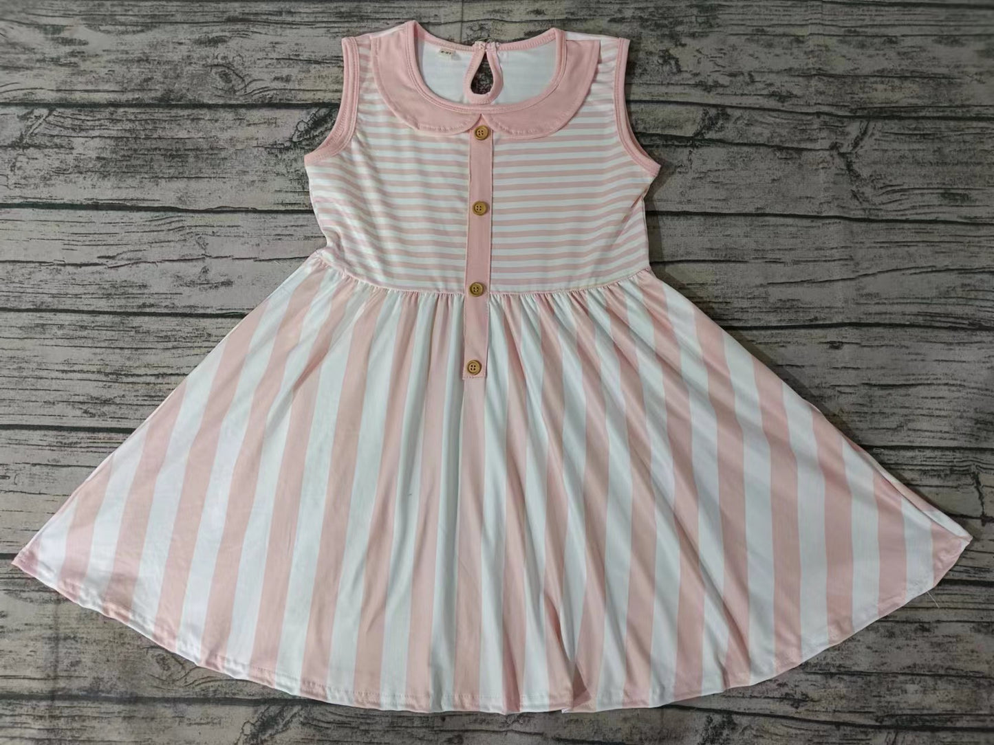 (Custom Design Preorder MOQ 5) Pink Stripes Print Girls Knee Length Summer Dress