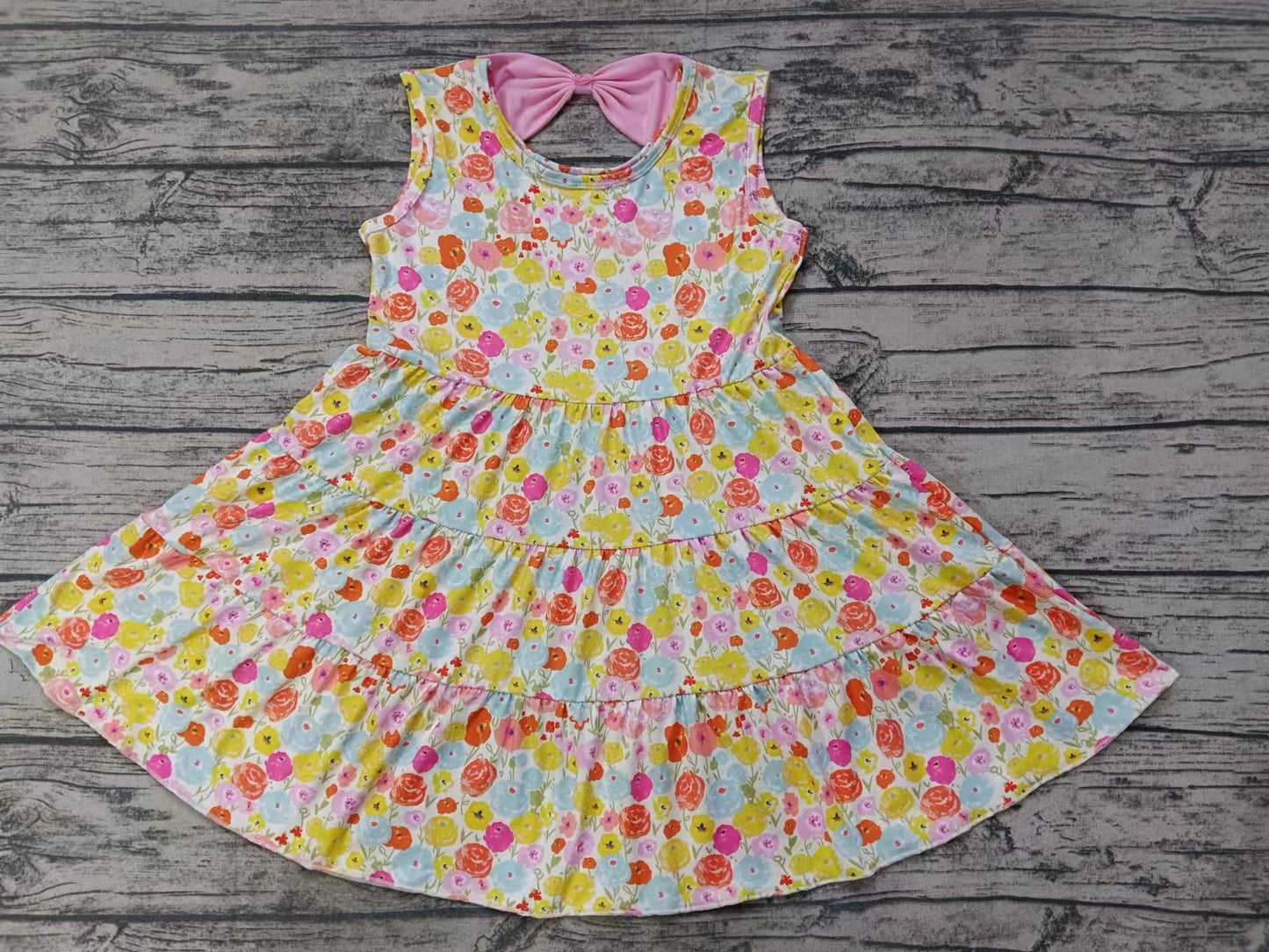 (Custom Design Preorder MOQ 5) Colorful Flowers Print Girls Knee Length Summer Dress