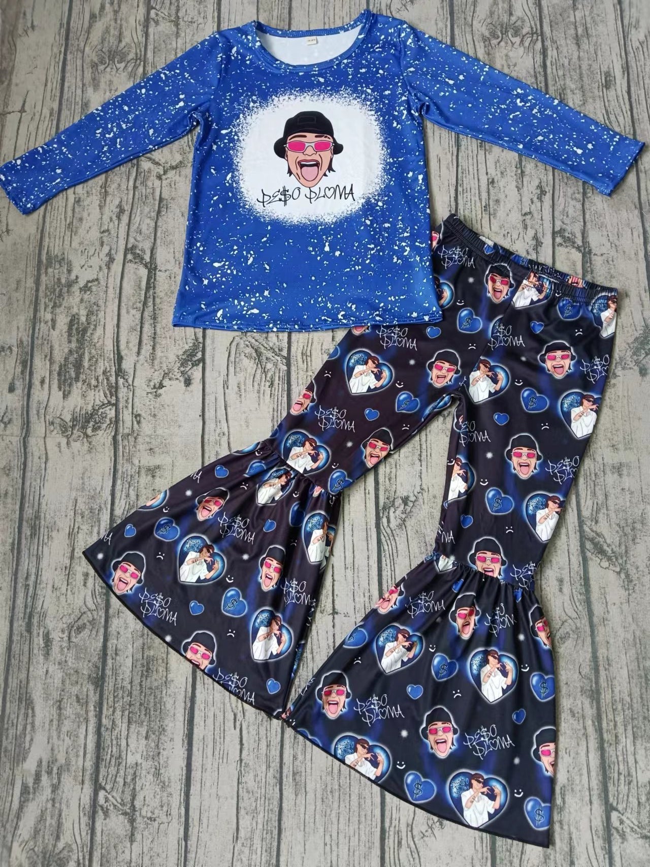 (Custom Design Preorder MOQ 5) Singer Design Blue Heart Bell Pants Girls Clothes Set