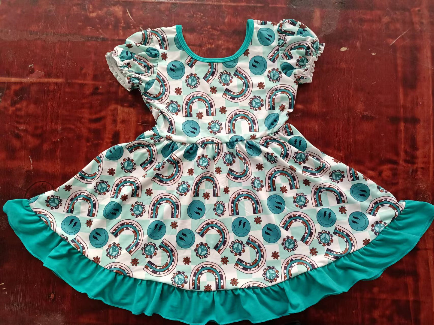 (Custom Design Preorder MOQ 5) Green Rainbow Smiling Face Print Western Girls Knee Length Summer Dress