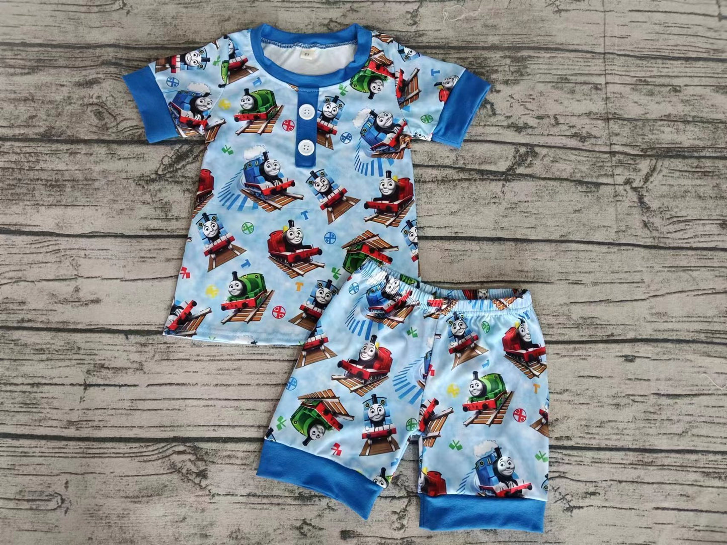 (Custom Design Preorder MOQ 5) Cartoon Train Print Boys Summer Pajamas Clothes Set