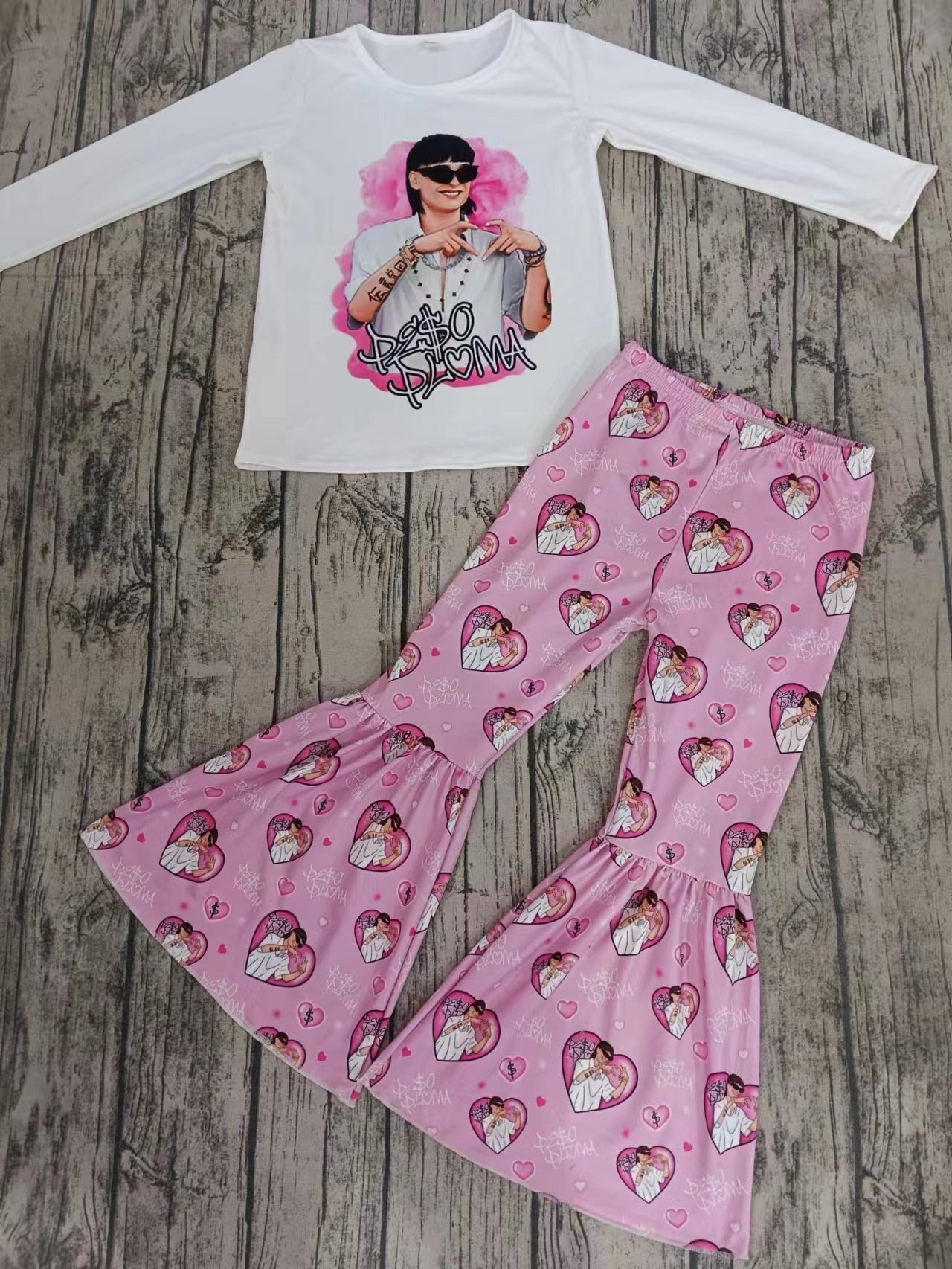 (Custom Design Preorder MOQ 5) Singer Design Pink Heart Bell Pants Girls Clothes Set
