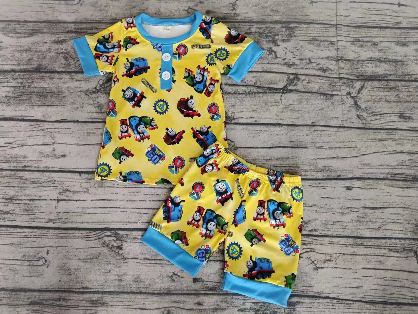(Custom Design Preorder MOQ 5) Cartoon Train Yellow Print Boys Summer Pajamas Clothes Set