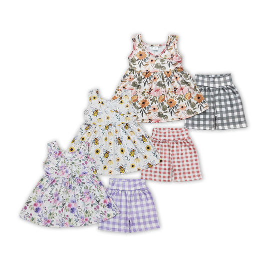 Flowers Top Plaid Shorts Girls Summer Clothes Set Sisters Wear