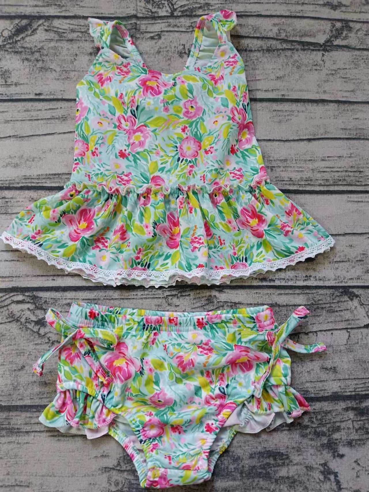 (Custom Design Preorder MOQ 5) Flowers Print Girls 2 Pieces Swimsuits
