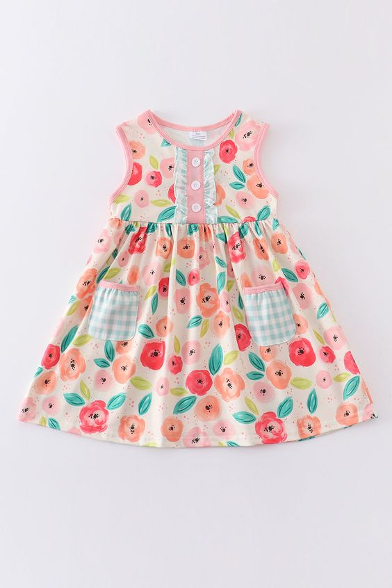 (Custom Design Preorder MOQ 5) Flowers Print Pockets Girls Knee Length Summer Dress