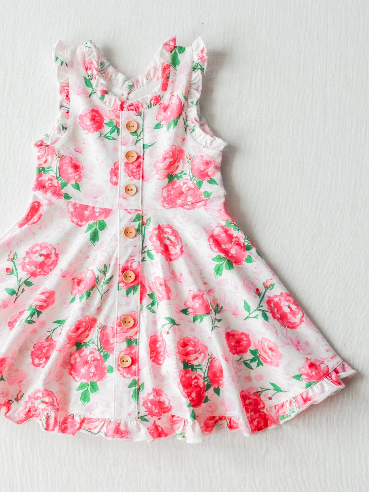 (Custom Design Preorder MOQ 5) Pink Flowers Print Girls Knee Length Summer Dress