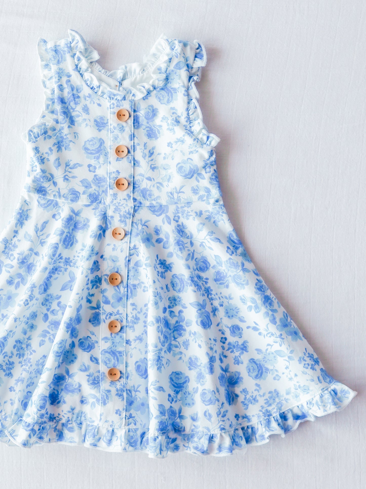 (Custom Design Preorder MOQ 5) Blue Flowers Print Girls Knee Length Summer Dress