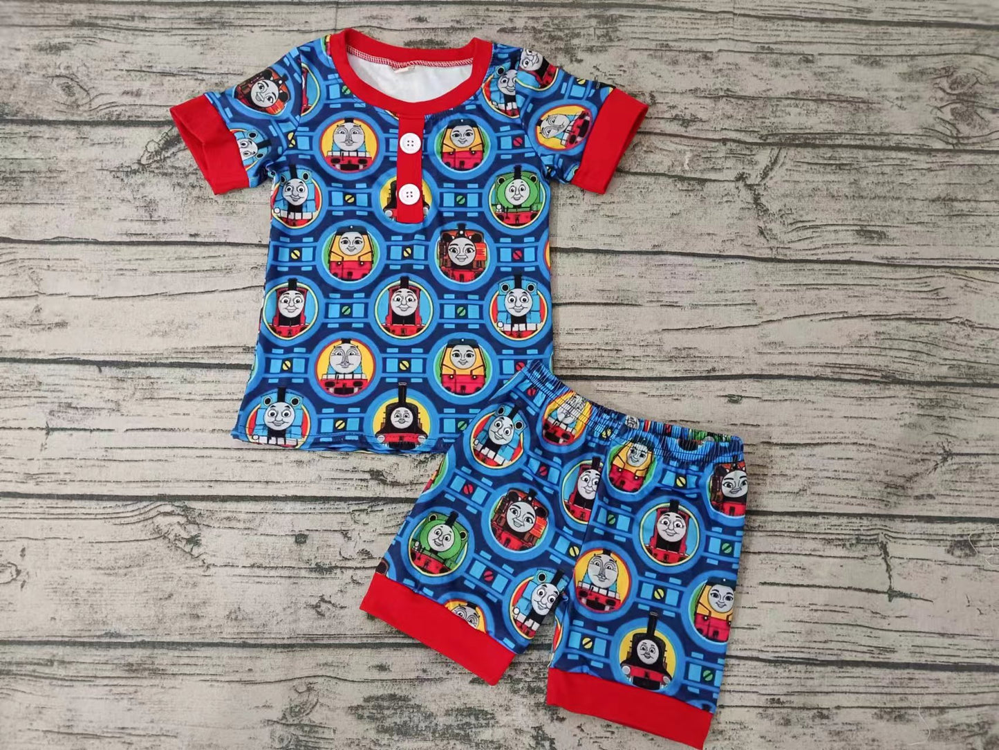 (Custom Design Preorder MOQ 5) Cartoon Train Blue Print Boys Summer Pajamas Clothes Set