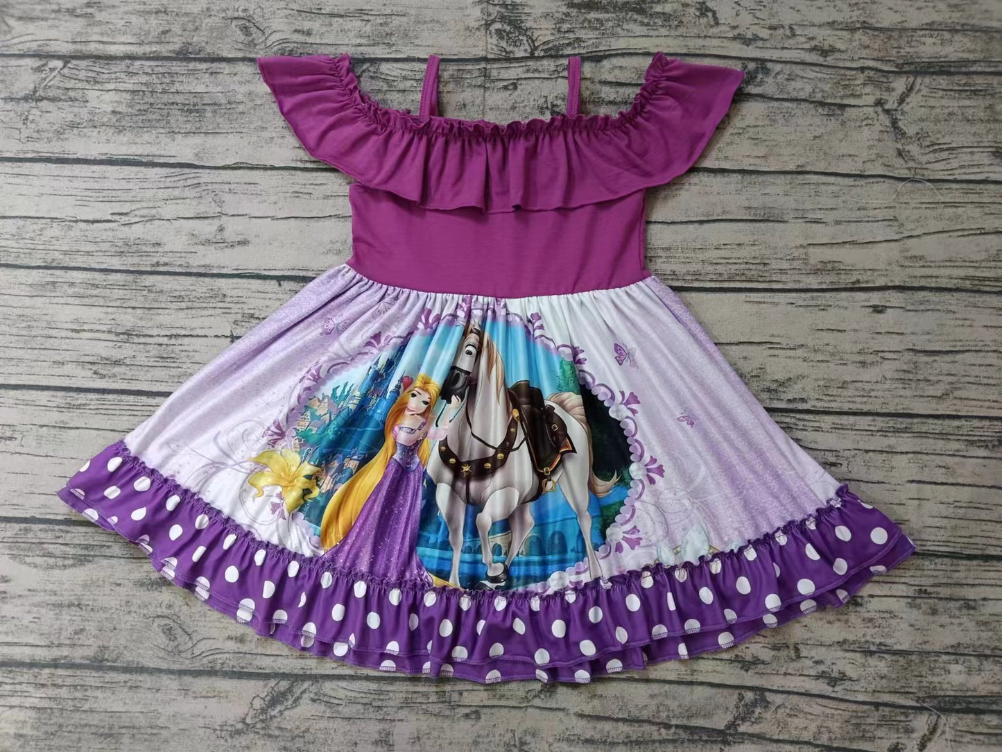 (Custom Design Preorder MOQ 5) Purple Cartoon Princess Print Girls Knee Length Summer Dress
