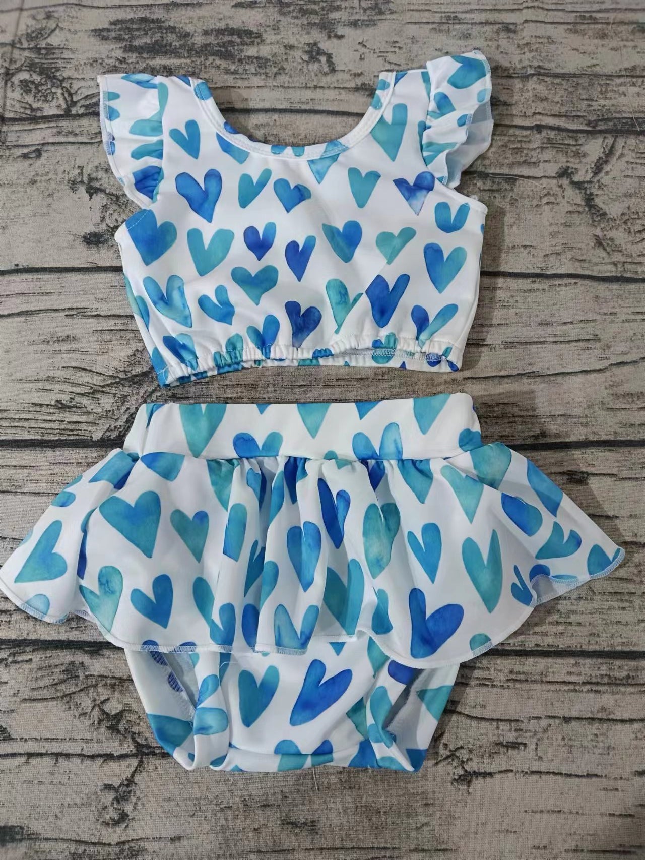 (Custom Design Preorder MOQ 5) Blue Heart Print Girls 2 Pieces Swimsuits