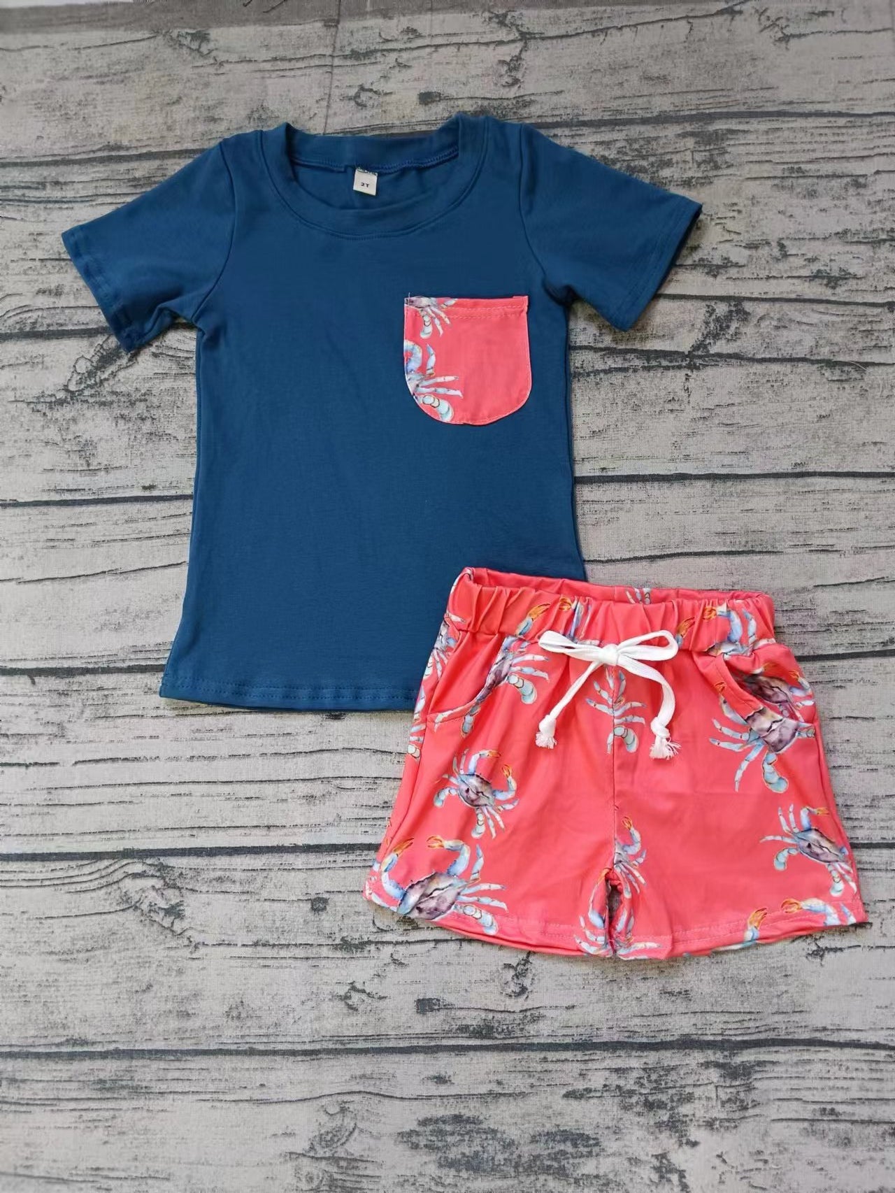 (Custom Design Preorder MOQ 5) Navy Pocket Top Crab Shorts Boys Summer Clothes Set