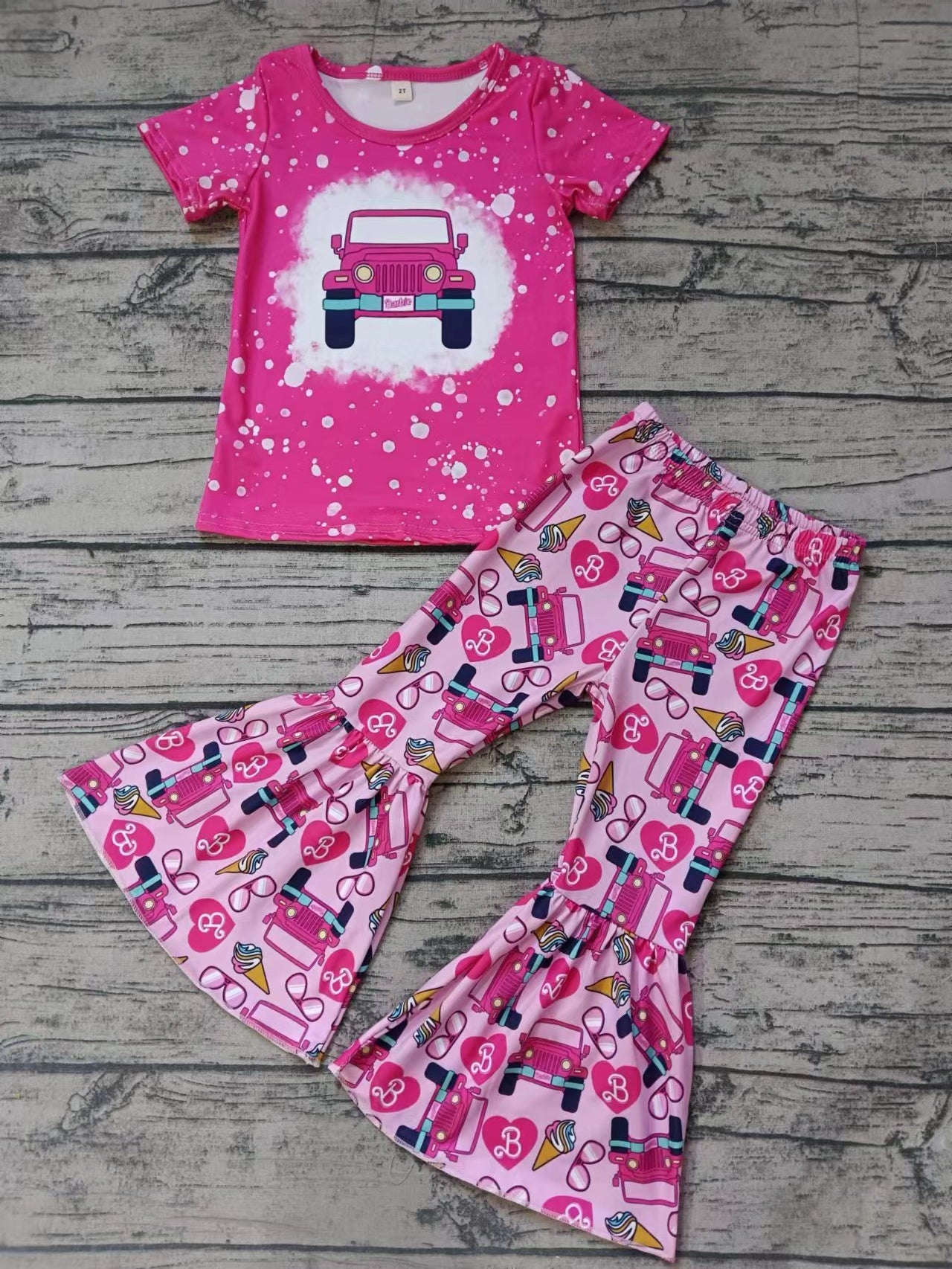 (Custom Design Preorder MOQ 5) Pink BA Print Truck Top Bell Pants Girls Clothes Set
