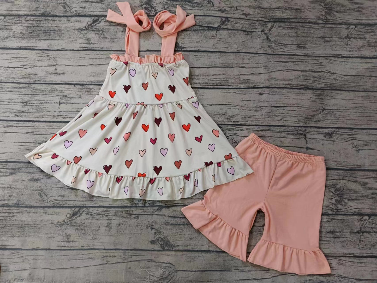 (Custom Design Preorder MOQ 5) Hearts Strap Tunic Top Ruffle Shorts Girls Summer Clothes Set