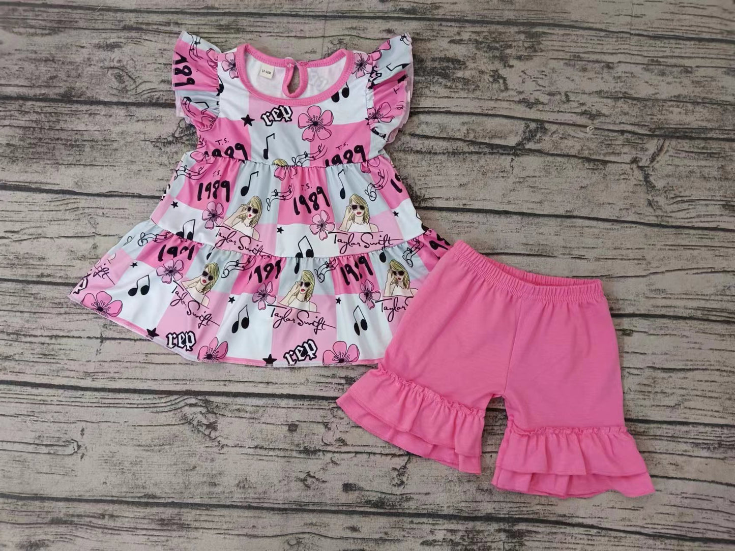(Custom Design Preorder MOQ 5) Singer Swiftie Flowers Tunic Top Ruffle Shorts Girls Summer Clothes Set