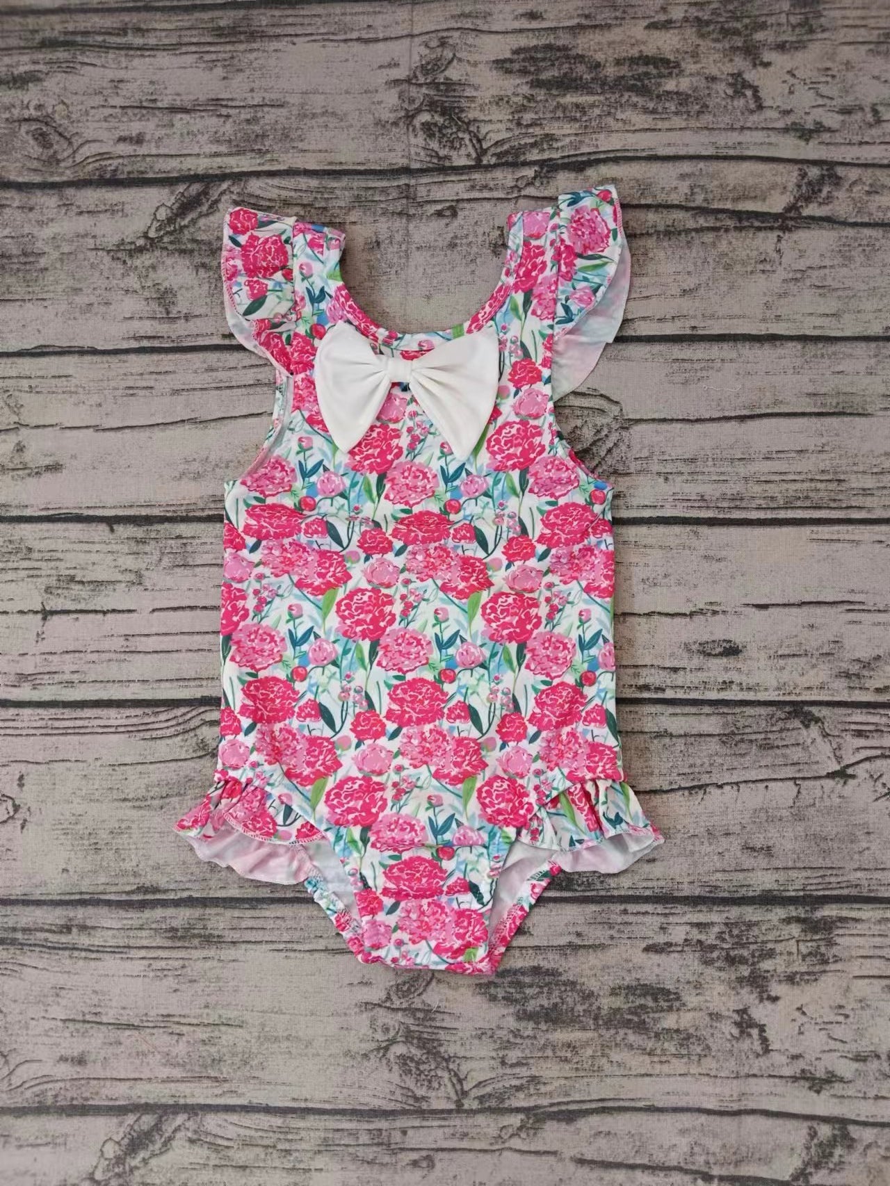 (Custom Design Preorder MOQ 5) Pink Flowers Print Ruffle Girls 1 Piece Swimsuits