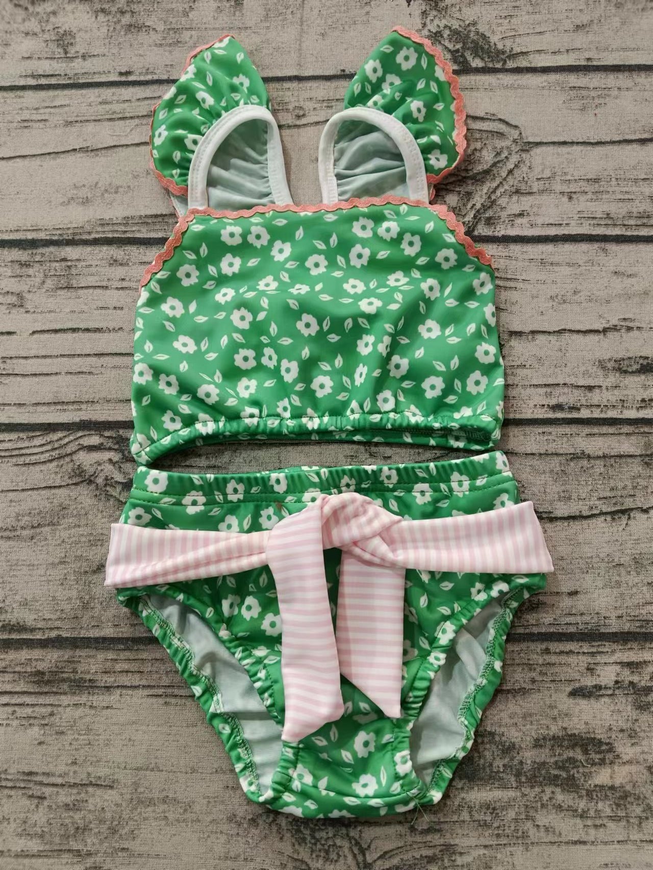 (Custom Design Preorder MOQ 5) Green Flowers Girls 2 Pieces Swimsuits