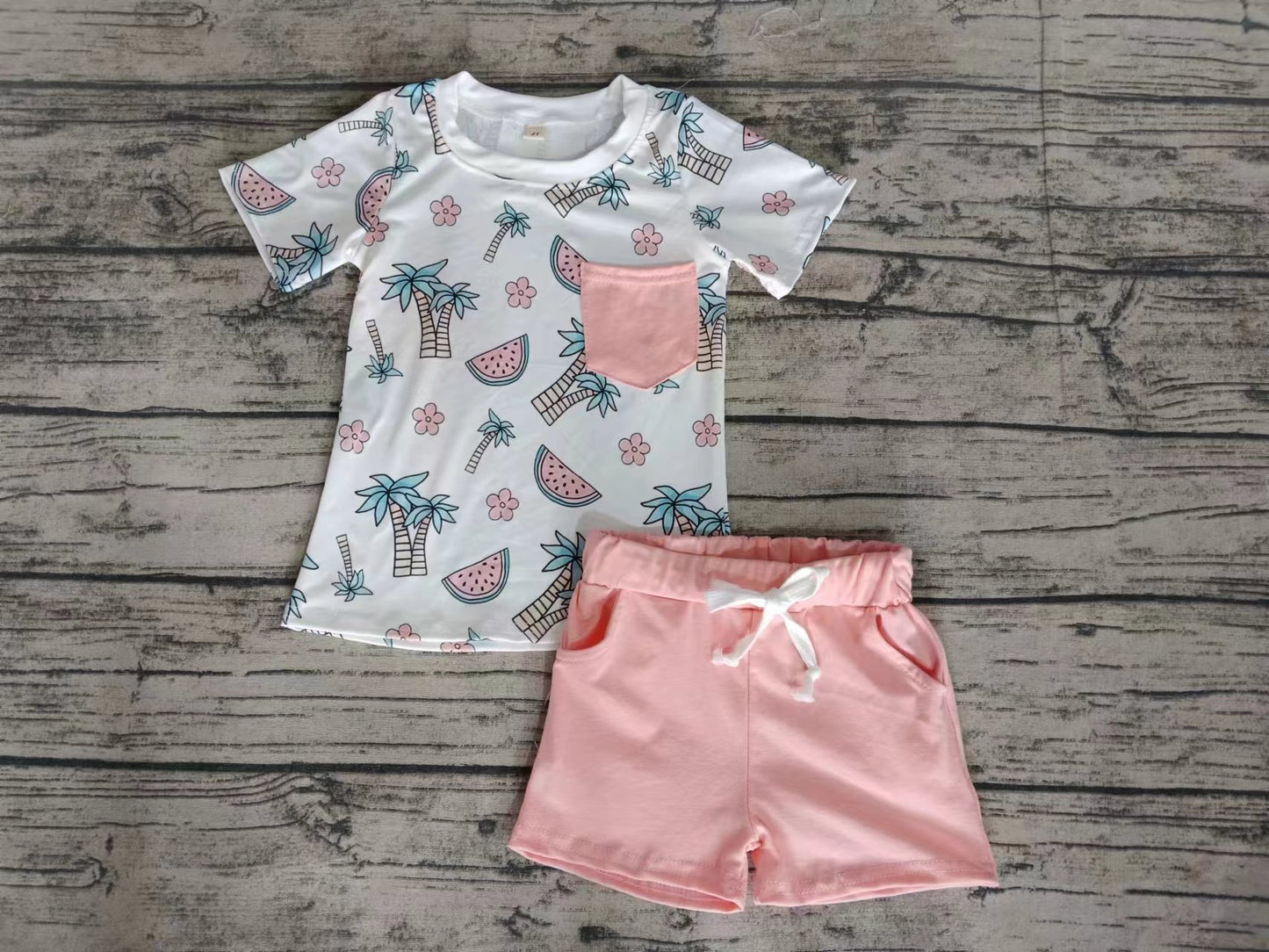 (Custom Design Preorder MOQ 5) Coconut Tree Watermelon Pocket Top Pink Shorts Girls Summer Clothes Set