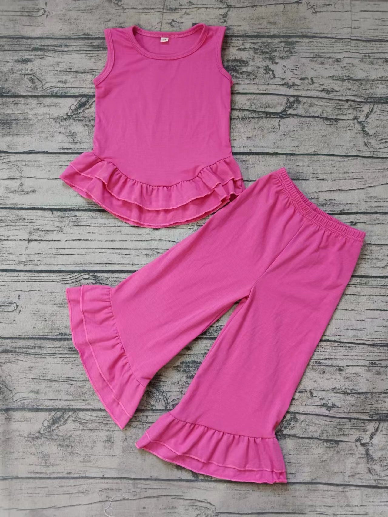 (Custom Design Preorder MOQ 5) Hot Pink Colors Ruffles Girls Clothes Set