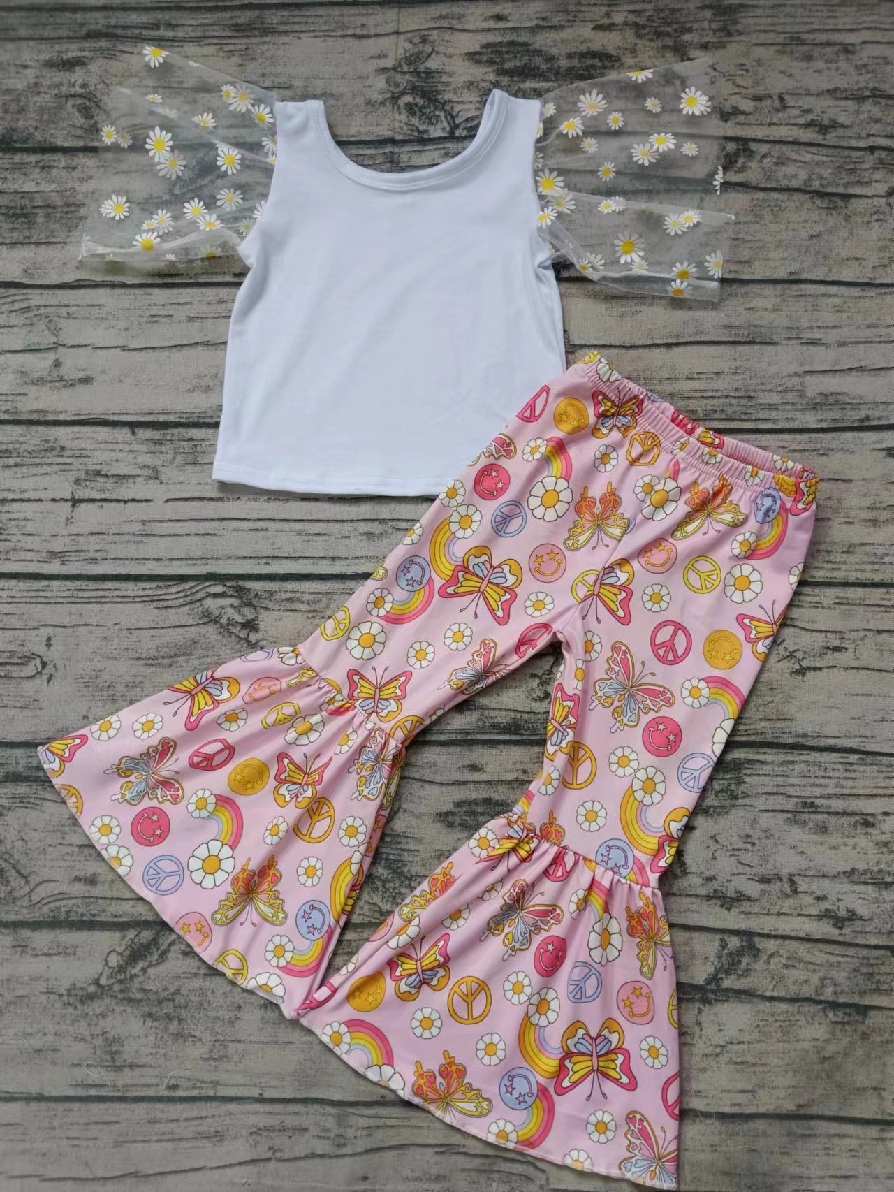 (Custom Design Preorder MOQ 5) White Top Butterfly Flowers Rainbow Bell Pants Girls Clothes Set