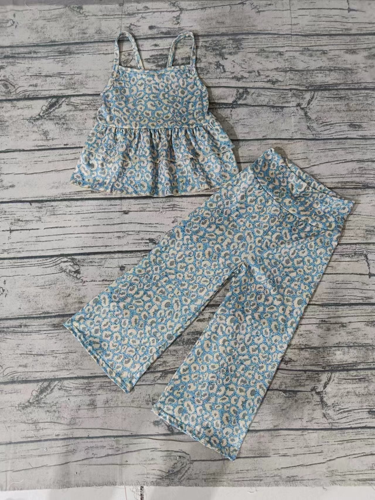 (Custom Design Preorder MOQ 5) Blue Leopard Print Girls Clothes Set