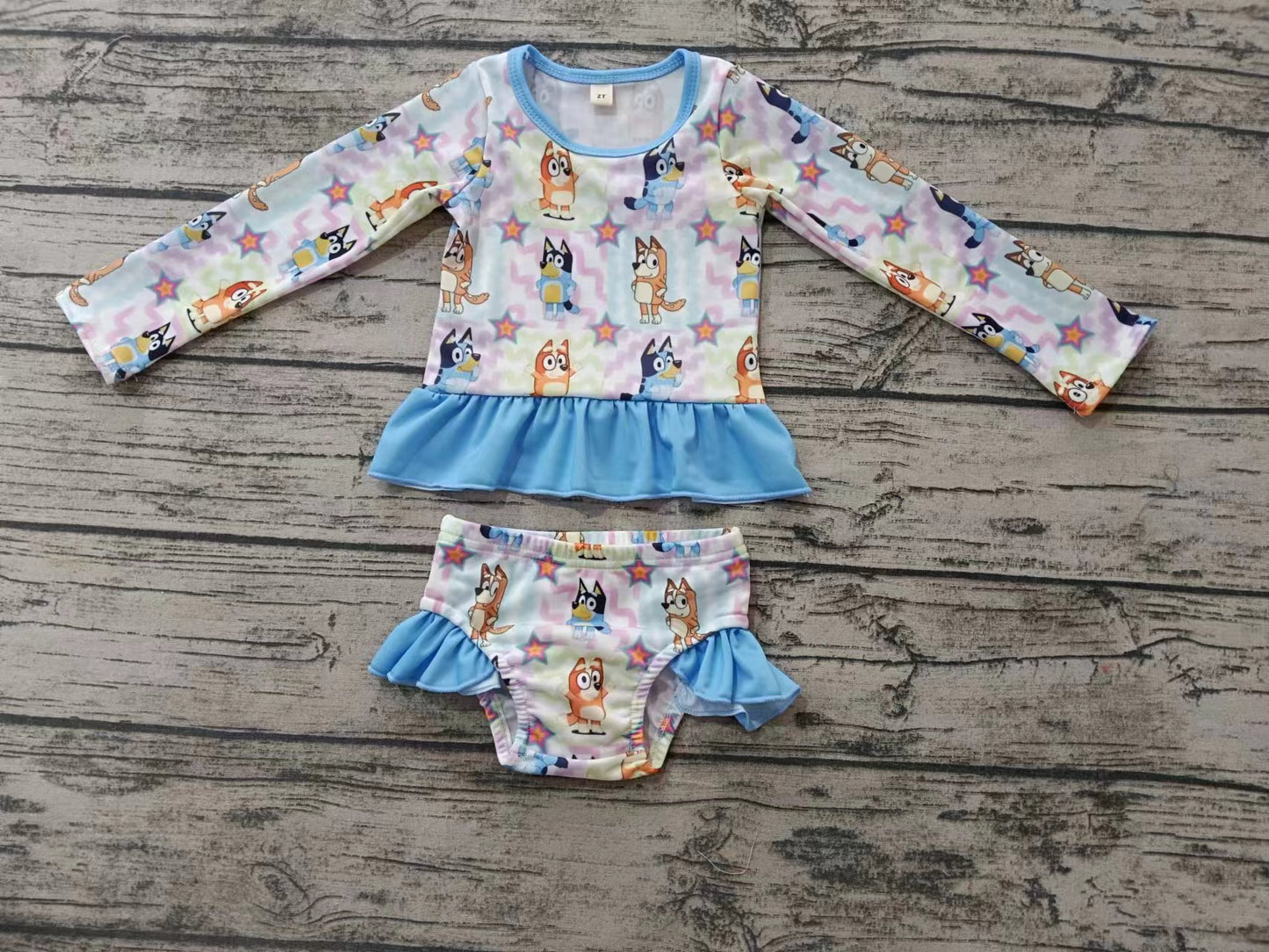 (Custom Design Preorder MOQ 5) Cartoon Dog Print Girls 2 Pieces Long Sleeve Swimsuits