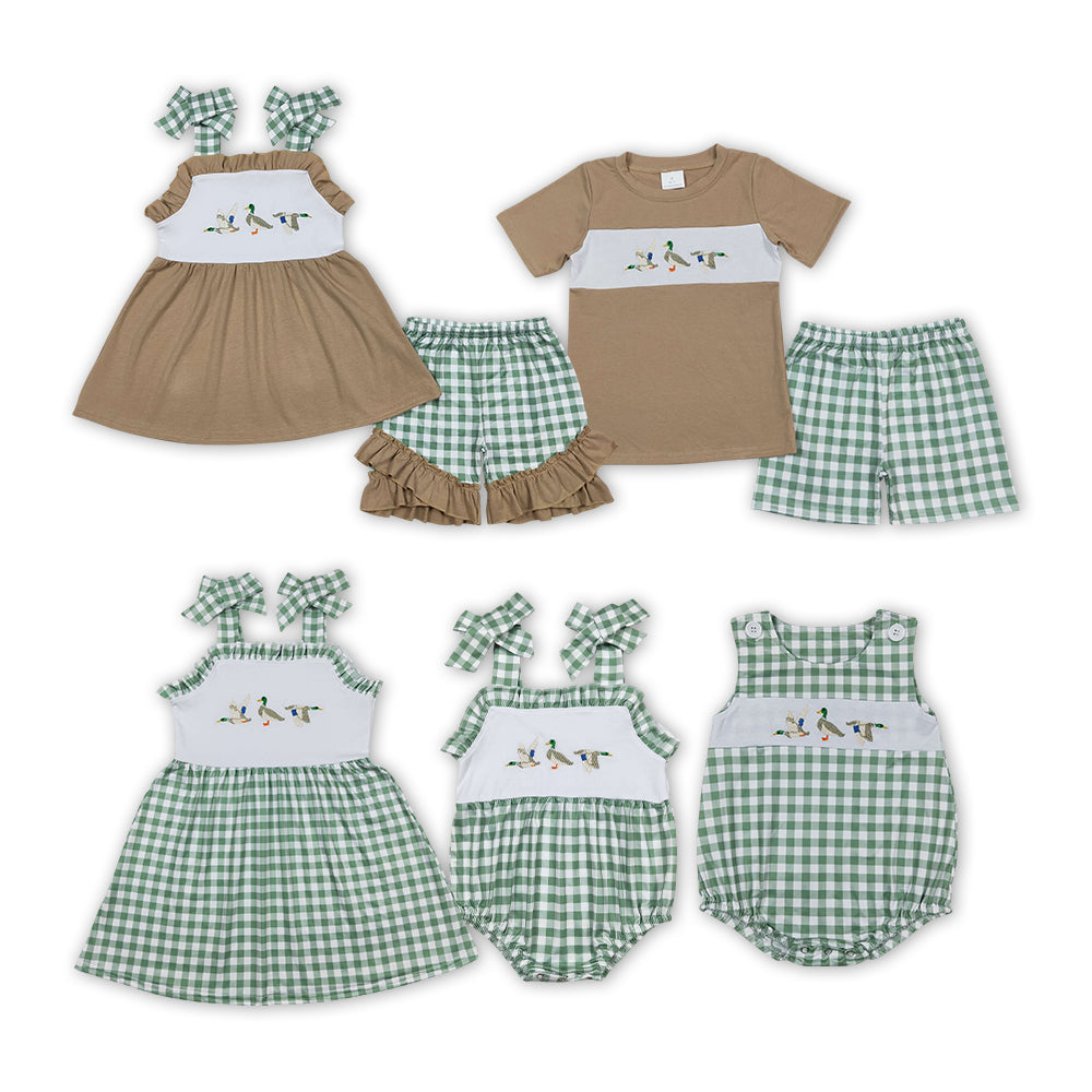 Duck Embroidery Green Plaid Print Hunting Design Sibling Summer Matching Clothes