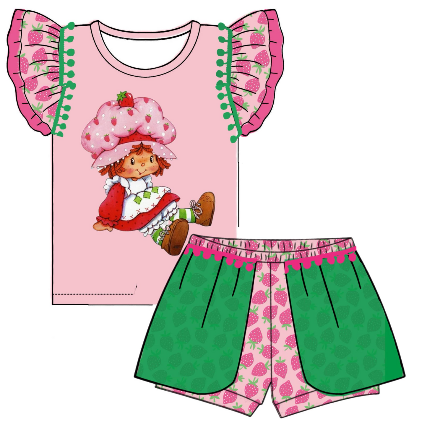 (Custom Design Preorder MOQ 5) Strawberry Print Girls Summer Clothes Set