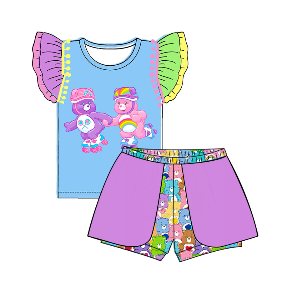 (Custom Design Preorder MOQ 5) Cartoon Bear Print Girls Summer Clothes Set