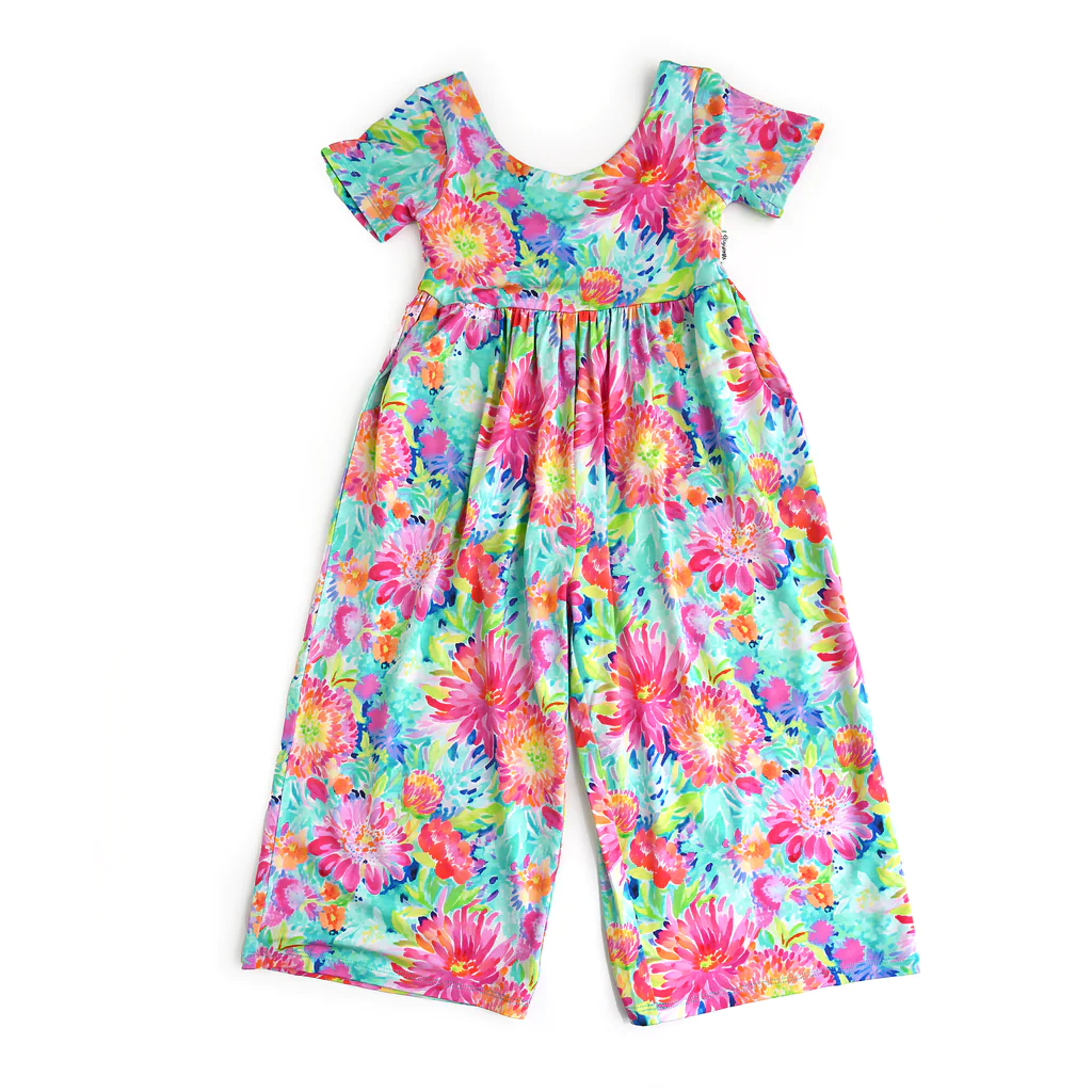 (Custom Design Preorder MOQ 5) Colorful Flowers Print Girls Summer Jumsuits