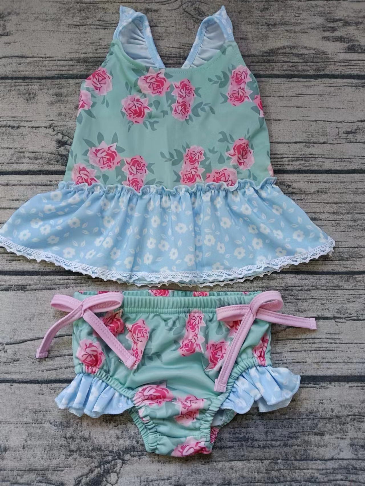 (Custom Design Preorder MOQ 5) Flowers Print Girls 2 Pieces Swimsuits