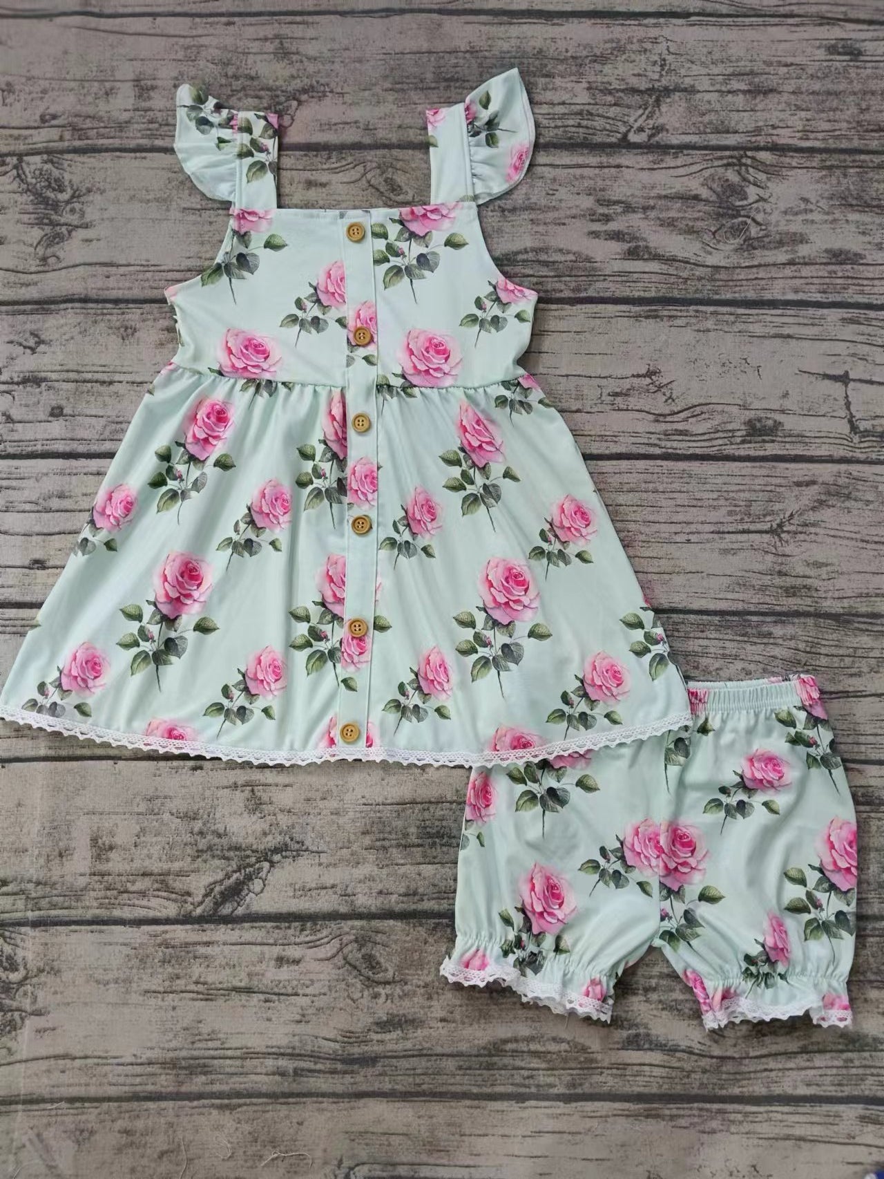 (Custom Design Preorder MOQ 5) Flowers Print Girls Summer Clothes Set