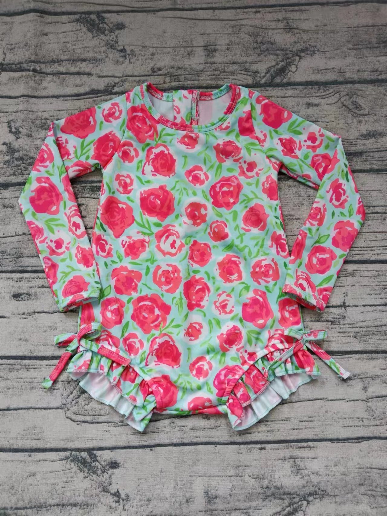 (Custom Design Preorder MOQ 5) Rose Print Girls 1 Piece Long Sleeve Swimsuits