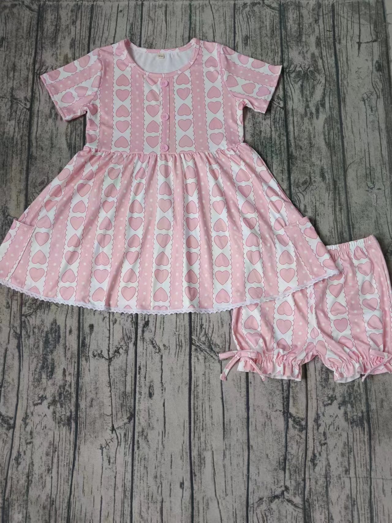 (Custom Design Preorder MOQ 5) Pink Hearts Print Girls Summer Clothes Set