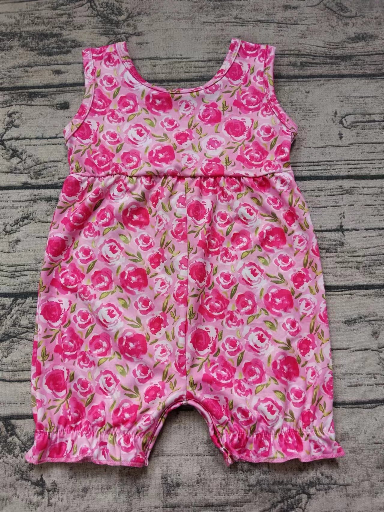 (Custom Design Preorder MOQ 5) Hot Pink Flowers Print Girls Summer Jumpsuits