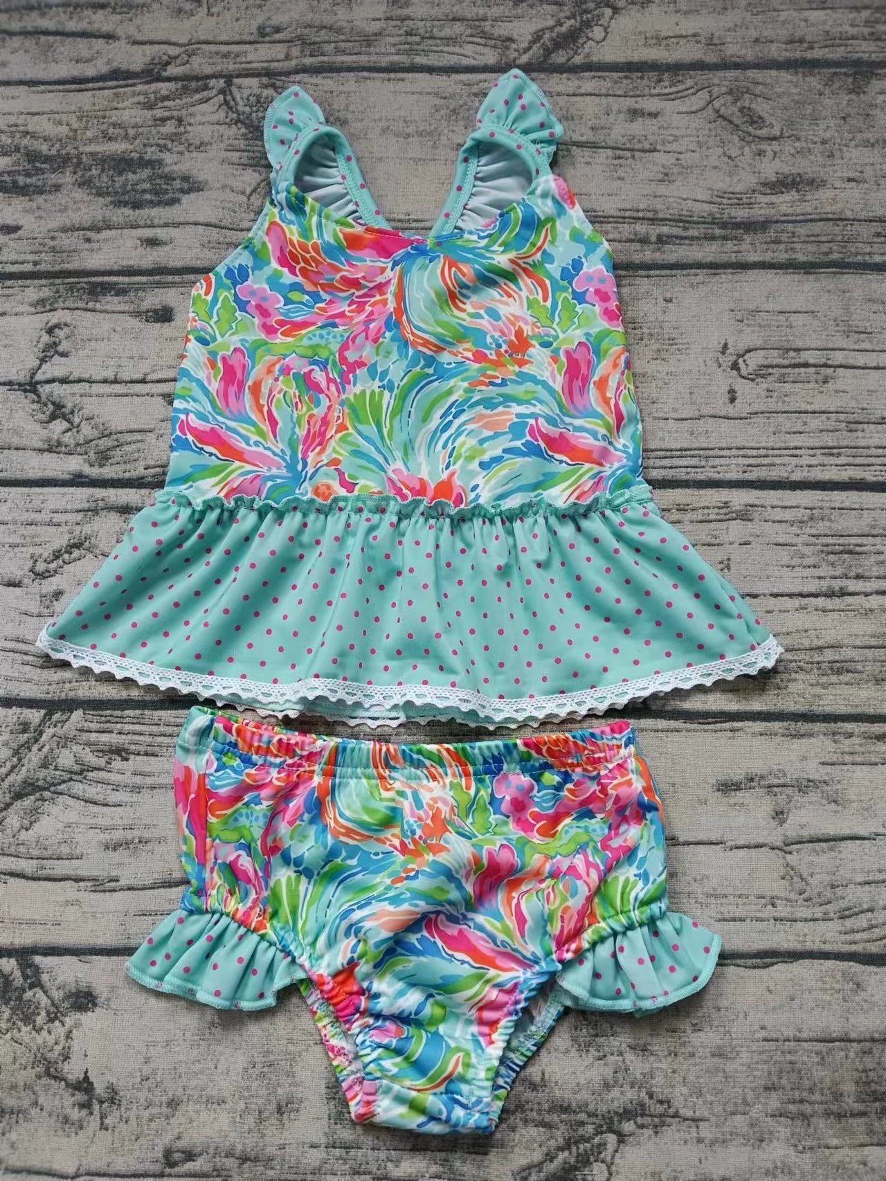 (Custom Design Preorder MOQ 5) Colorful Flowers Plaid Print Girls 2 Pieces Swimsuits