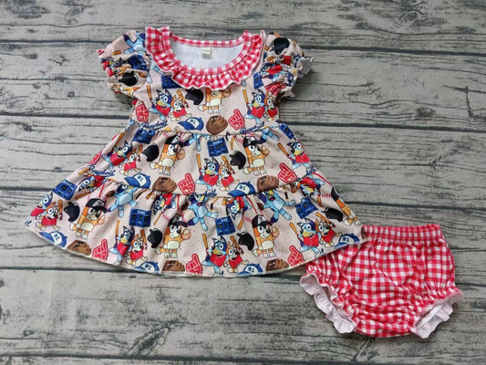 (Custom Design MOQ 5) Cartoon Dog Baseball Print Baby Girls Summer Bummie Set