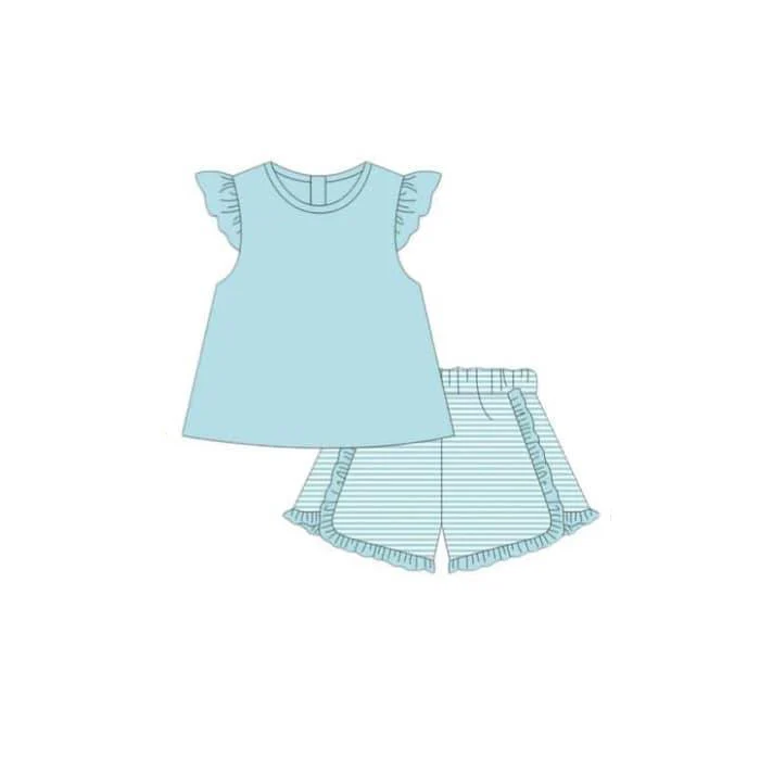 (Custom Design Preorder MOQ 5) Blue Top Stripes Shorts Girls Summer Clothes Set